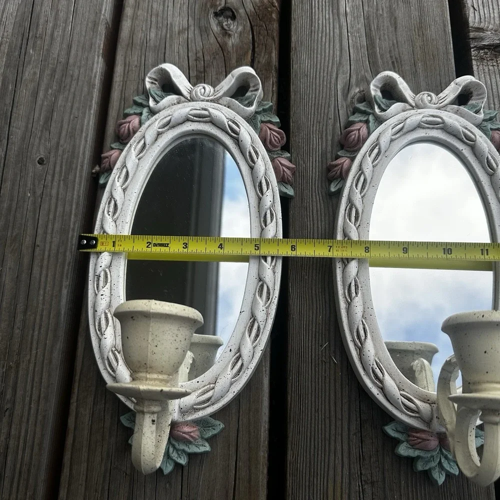 Vintage 2x white Wall Sconce‎ Candle Mirror White w/Pink Flowers Bows Coquette